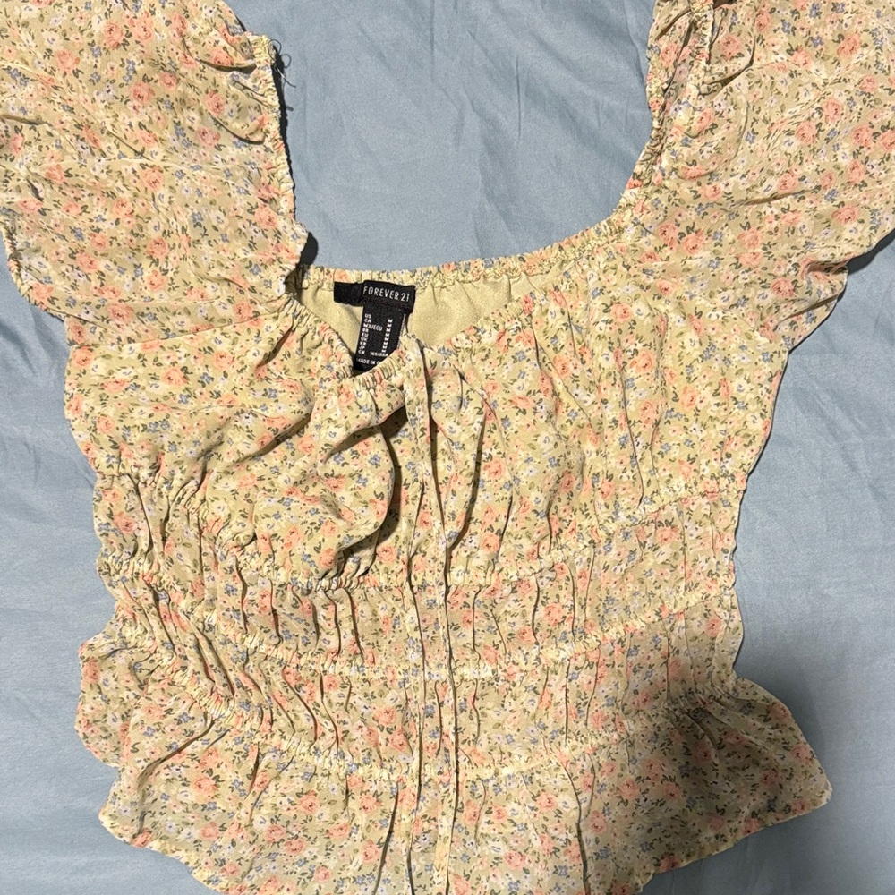 Forever 21 Floral Ruffle Blouse - Cream and Pink